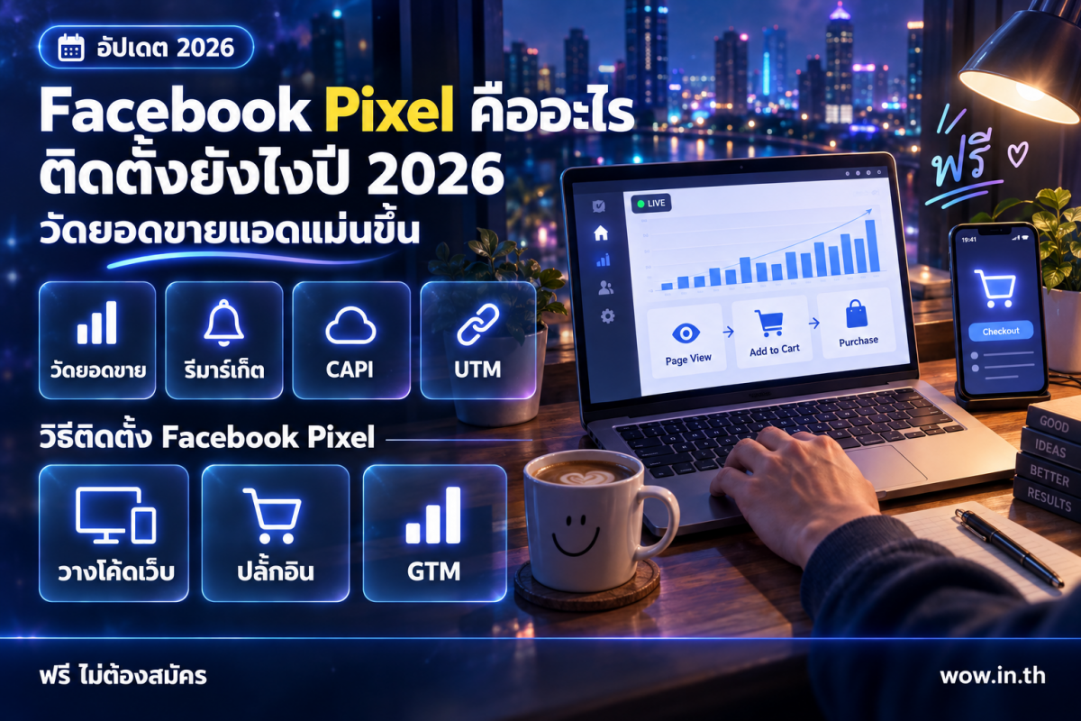 คนหนุ่มสาวกำลังตรวจสอบการติดตั้ง Facebook Pixel บนแล็ปท็อปที่คาเฟ่