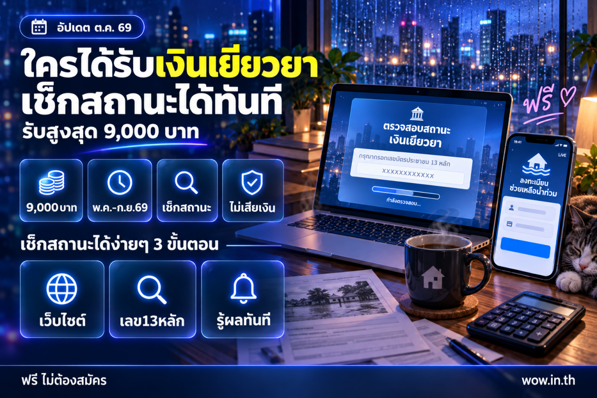 คนหนุ่มสาวกำลังใช้สมาร์ทโฟนตรวจสอบสถานะเงินเยียวยาอุทกภัย 2569