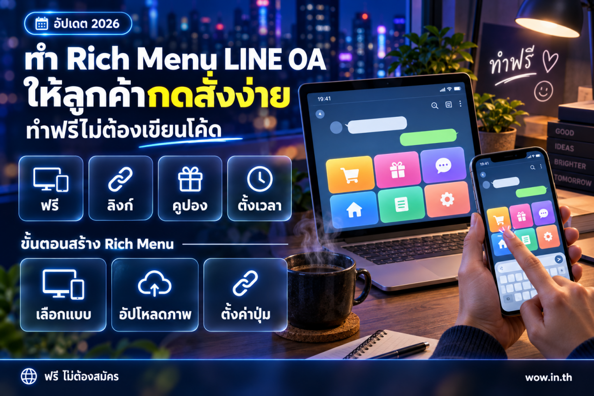 คนหนุ่มสาวกำลังทำ Rich Menu LINE OA เมนูลัดหน้าแชทบนสมาร์ทโฟนและโน้ตบุ๊ก