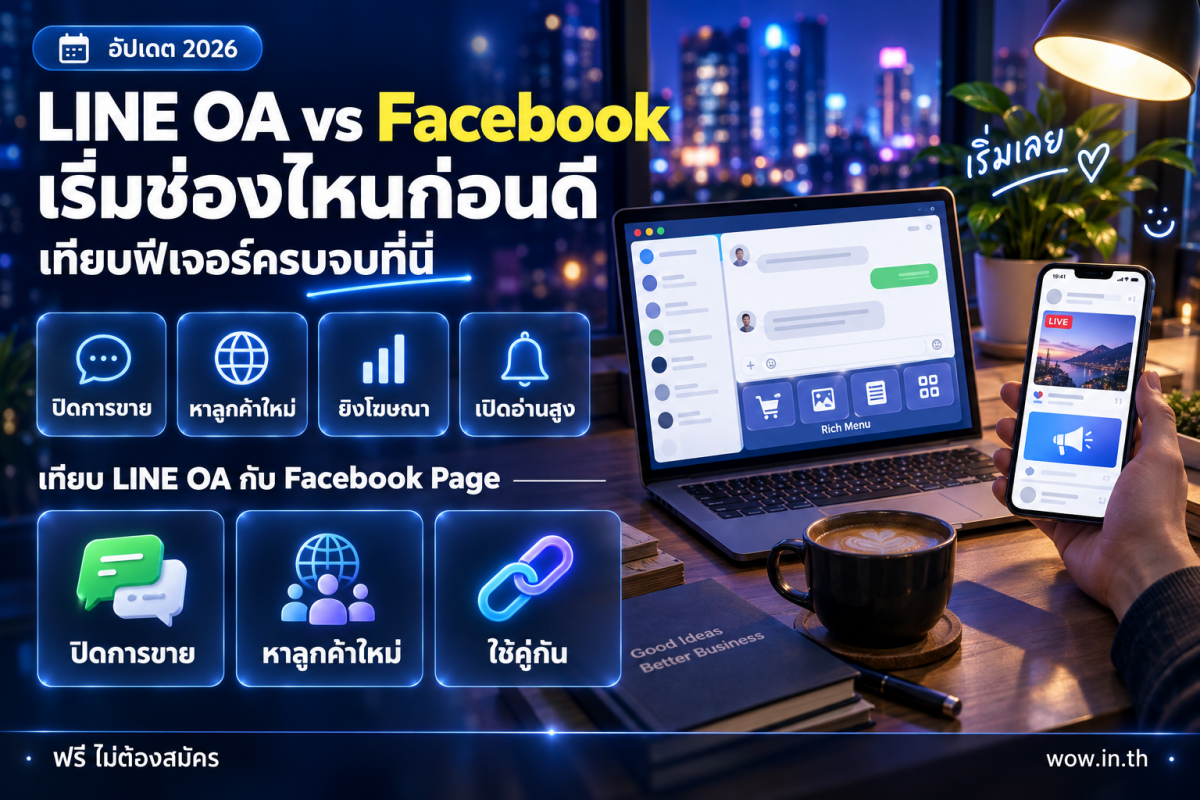 คนหนุ่มสาวถือสมาร์ทโฟนเปรียบเทียบ LINE OA กับ Facebook Page ในคาเฟ่