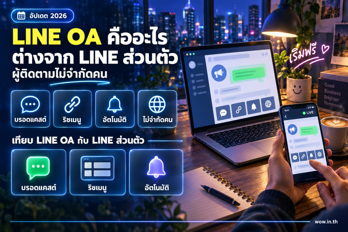 คนหนุ่มสาวถือสมาร์ทโฟนดูหน้าจอ LINE OA เพื่อจัดการแชทธุรกิจในคาเฟ่