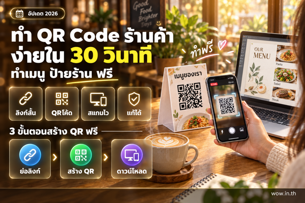 คนกำลังสแกน QR Code จากลิงก์สั้นบนป้ายหน้าร้านคาเฟ่ด้วยสมาร์ทโฟน