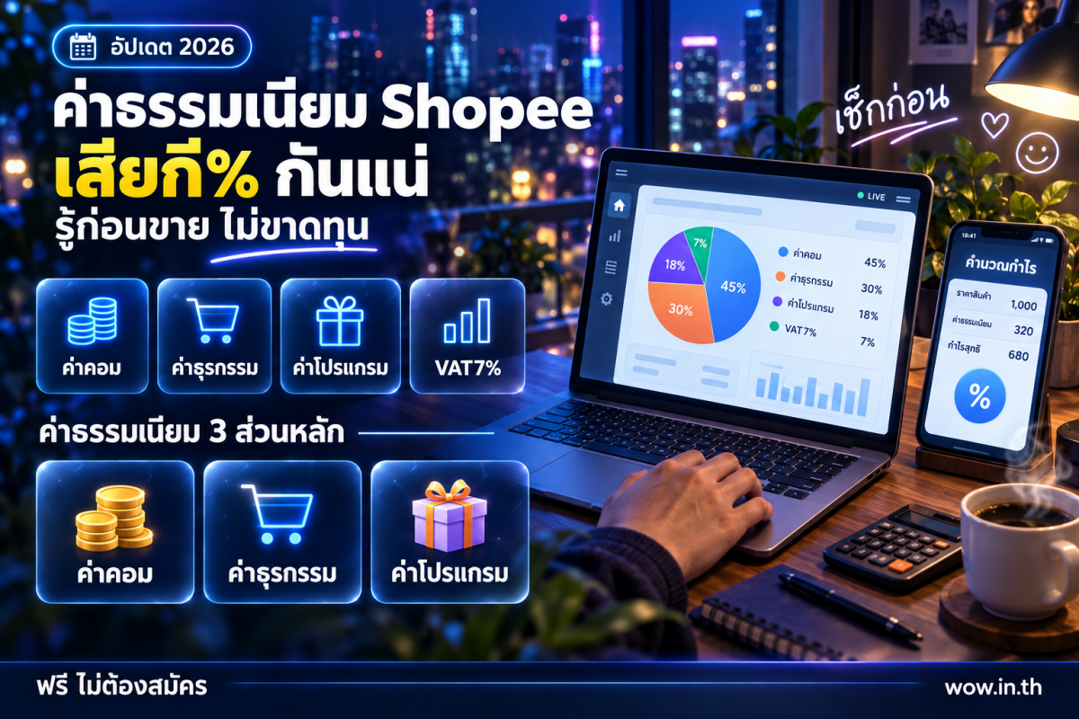 คนหนุ่มสาวกำลังดูค่าธรรมเนียม Shopee และคำนวณกำไรจากการขายของออนไลน์บนสมาร์ทโฟน