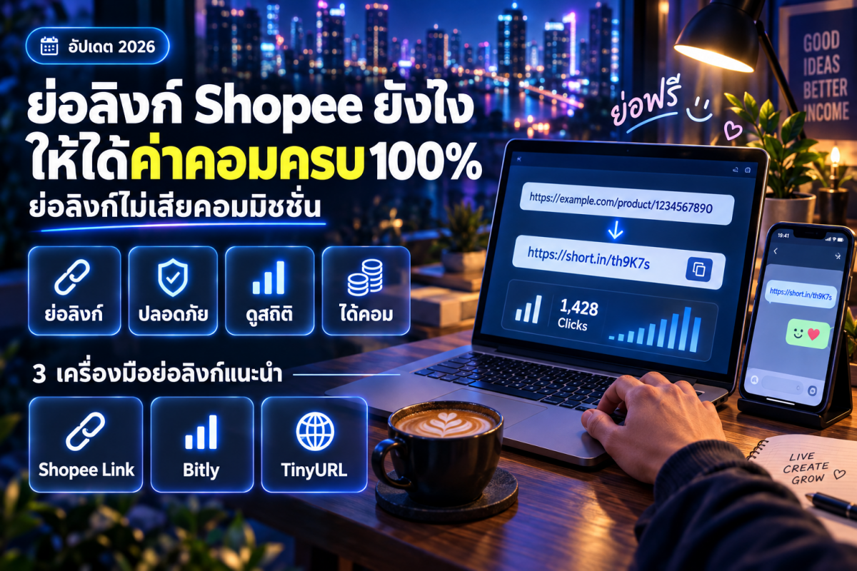 ภาพประกอบการย่อลิงก์ Shopee และลิงก์ affiliate บนสมาร์ตโฟนพร้อมสถิติคลิก