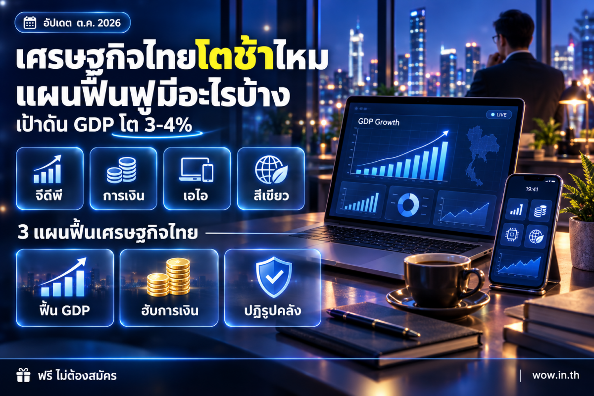 คนหนุ่มสาวดูกราฟเศรษฐกิจไทยบนแล็ปท็อปในคาเฟ่