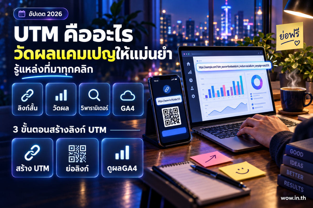 คนหนุ่มสาวใช้แล็ปท็อปและสมาร์ทโฟนดูรายงานวัดผลแคมเปญจากลิงก์ UTM ที่คาเฟ่
