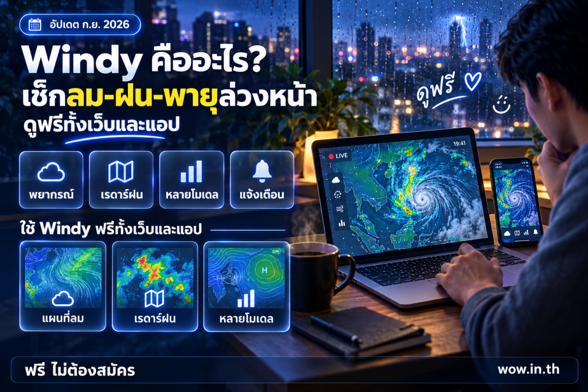 คนหนุ่มสาวถือสมาร์ทโฟนดูแอป Windy แสดงแผนที่ลมและเรดาร์ฝนในคาเฟ่
